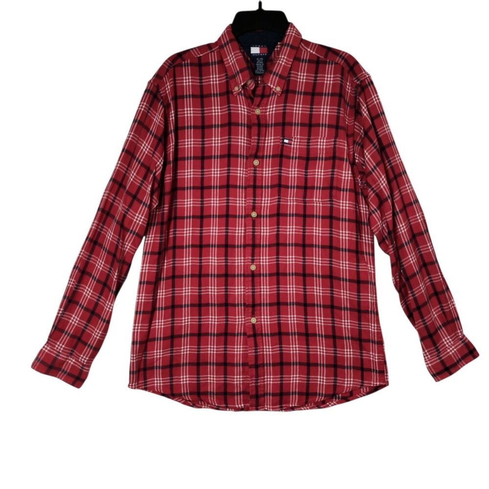 Tommy Hilfiger Women's Collared Cotton Plaid Flannel Shirt Size XL Red Black